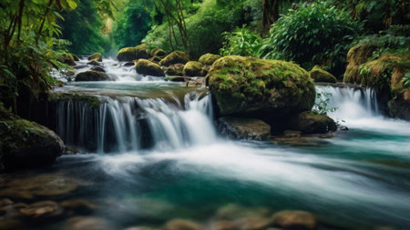 Beautiful waterfall in deep forest, Thailand. (Panorama)の写真素材