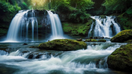 Waterfall in deep forest, long exposure photo. Beautiful landscape.