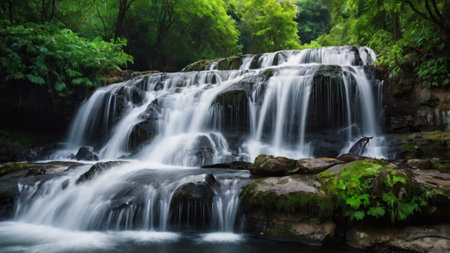Beautiful waterfall in the forest. Thailand. Panoramic view.
