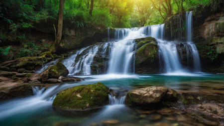 Waterfall in deep forest at Erawan waterfall National Park, Kanchanaburi, Thailand