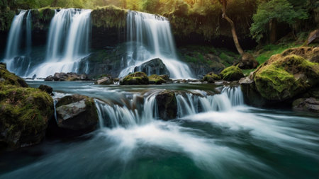 Beautiful waterfall in the forest. Panoramic view. Long exposure.