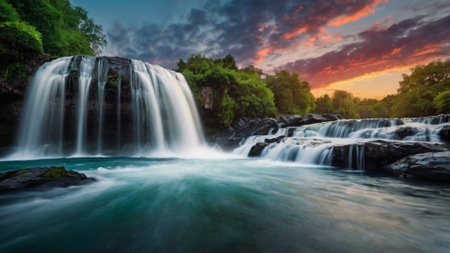 Waterfall in deep forest at sunset, long exposure. Long exposureの写真素材