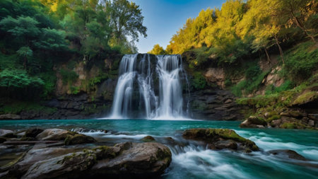 Beautiful waterfall in autumn forest. Panoramic view of beautiful waterfall.