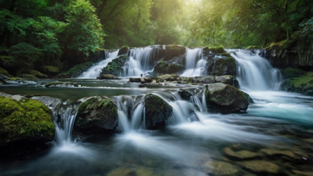 Waterfall in deep forest at Erawan waterfall National Park, Kanchanaburi, Thailandの写真素材