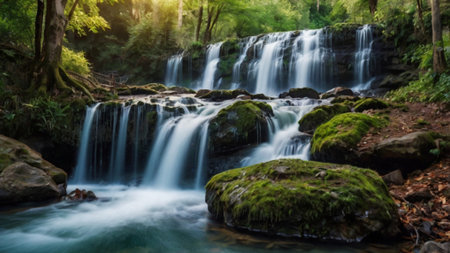 beautiful waterfall in green forest, long exposure photo with soft focus