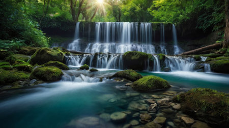 Beautiful waterfall in deep forest at Kanchanaburi province, Thailandの写真素材