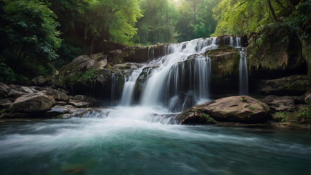 Beautiful waterfall in deep forest at Erawan waterfall National Park, Kanchanaburi, Thailandの写真素材