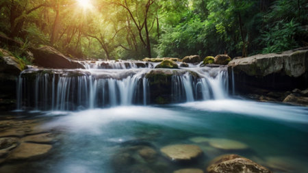 Beautiful waterfall in deep forest at Erawan waterfall National Park, Kanchanaburi, Thailand