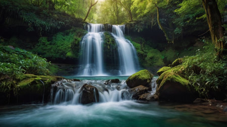 Beautiful waterfall in deep forest at Erawan waterfall National Park, Kanchanaburi, Thailandの写真素材