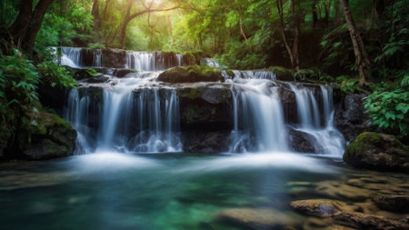 Beautiful waterfall in tropical forest. Nature background, soft focus.