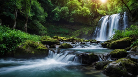 Beautiful waterfall in the deep forest at Doi Inthanon National Park, Thailandの写真素材