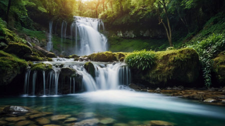 Beautiful waterfall in the forest. Natural background. Soft focus.の写真素材