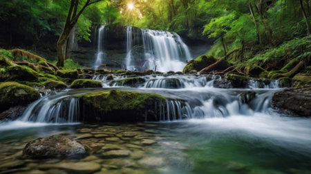 Beautiful waterfall in deep forest at Erawan waterfall National Park, Kanchanaburi, Thailand