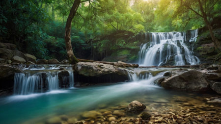 Beautiful waterfall in the forest at Kanchanaburi province, Thailandの写真素材