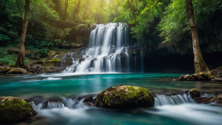 Beautiful waterfall in deep forest at Erawan waterfall National Park, Kanchanaburi, Thailandの写真素材
