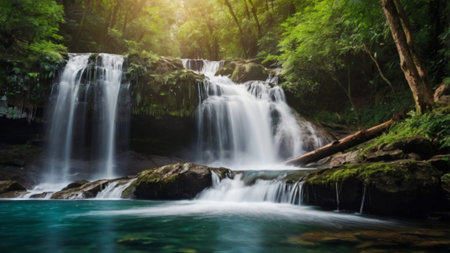 Beautiful waterfall in deep forest of Erawan waterfall National Park, Kanchanaburi, Thailandの写真素材