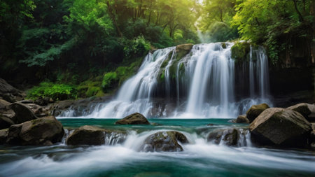 Beautiful waterfall in deep forest at Erawan waterfall National Park, Kanchanaburi, Thailand
