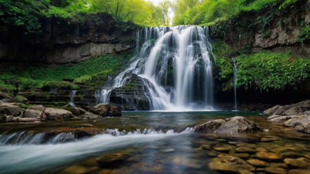 Beautiful waterfall in the forest, long exposure photo, panoramaの写真素材
