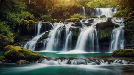 Beautiful waterfall in the forest at sunset time. Beautiful waterfall in the forestの写真素材