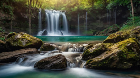Waterfall in deep forest at Erawan waterfall National Park, Kanchanaburi, Thailandの写真素材