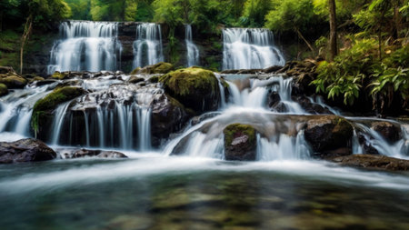 Beautiful waterfall in the tropical forest. Long exposure shot with slow shutter speed.