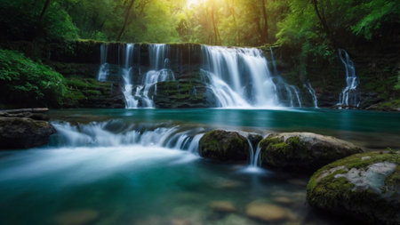 Beautiful waterfall in deep forest at Erawan waterfall National Park, Kanchanaburi, Thailandの写真素材