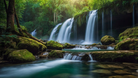 Beautiful waterfall in tropical forest. Waterfall in deep forest.