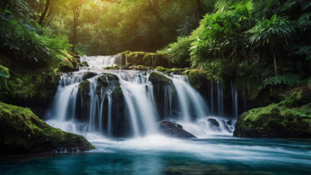 Beautiful waterfall in deep forest. Soft focus and long exposure.の写真素材