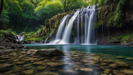 Beautiful waterfall in green summer forest, long exposure, long exposureの写真素材