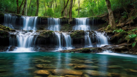 Deep forest Waterfall in Kanchanaburi province, Thailand.