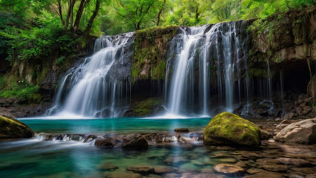 Beautiful waterfall in deep forest at Erawan waterfall National Park, Kanchanaburi, Thailand