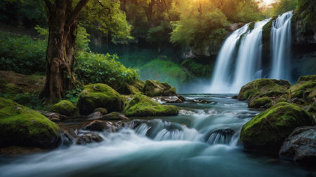 Beautiful waterfall in deep forest with green moss and sunlight, long exposure