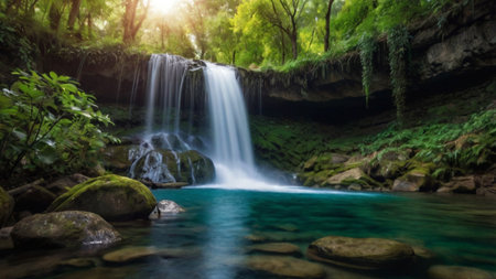 Beautiful waterfall in the forest, long exposure. Panorama.の写真素材