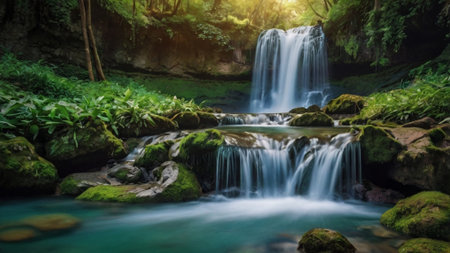 Beautiful waterfall in tropical forest, Thailand. (Panorama)の写真素材