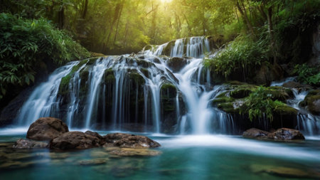 Beautiful waterfall in deep forest, Thailand. (Panorama)
