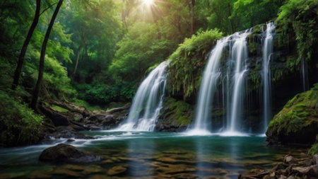 beautiful waterfall in deep forest at Erawan waterfall National Park, Kanchanaburi, Thailandの写真素材
