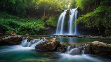 Waterfall in deep forest at Kanchanaburi province, Thailandの写真素材
