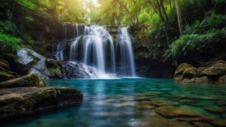 Waterfall in deep forest at Kanchanaburi province, Thailandの写真素材