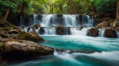 Waterfall in deep forest at Erawan waterfall National Park, Kanchanaburi, Thailandの写真素材