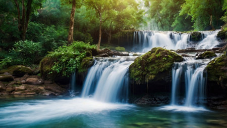 Waterfall in deep forest at Erawan waterfall National Park, Kanchanaburi, Thailandの写真素材