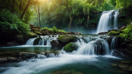 Waterfall in deep forest at Kanchanaburi province, Thailand.