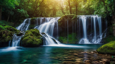 Beautiful waterfall in tropical forest, Deep forest Waterfall in Thailandの写真素材