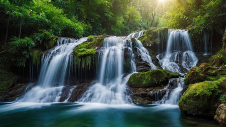 Beautiful waterfall in the deep forest of Thailand. Panorama.