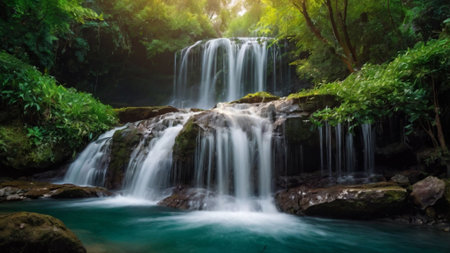 Beautiful waterfall in deep forest at Erawan Waterfall, Kanchanaburi, Thailandの写真素材