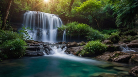 Beautiful waterfall in deep forest at Kanchanaburi province, Thailandの写真素材