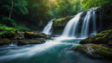 Beautiful waterfall in deep forest. Beautiful waterfall in deep forest.の写真素材