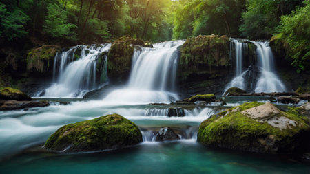 Beautiful waterfall in tropical forest. Long exposure of waterfall and green moss.の写真素材