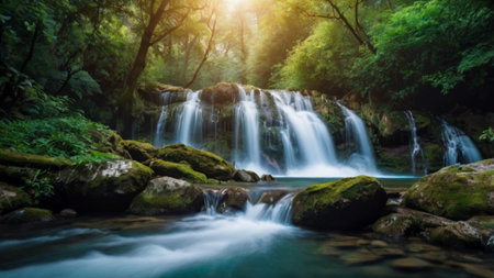 Deep forest Waterfall in Kanchanaburi province, Thailand.