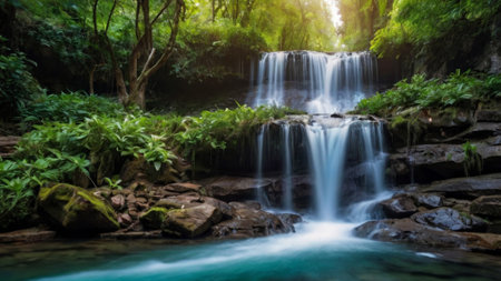 Waterfall in deep forest of tropical rainforest, Erawan waterfall, Kanchanaburi, Thailand