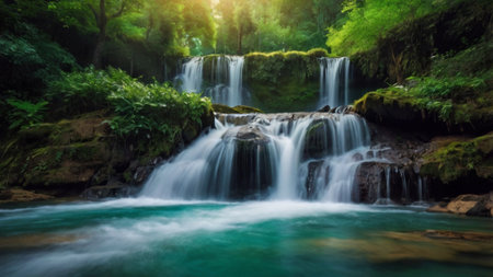 Beautiful waterfall in deep forest at Erawan waterfall National Park, Kanchanaburi, Thailandの写真素材